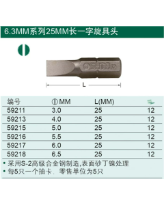 世达工具5件套6.3MM系列25MM长一字旋具头5.5MM/59216